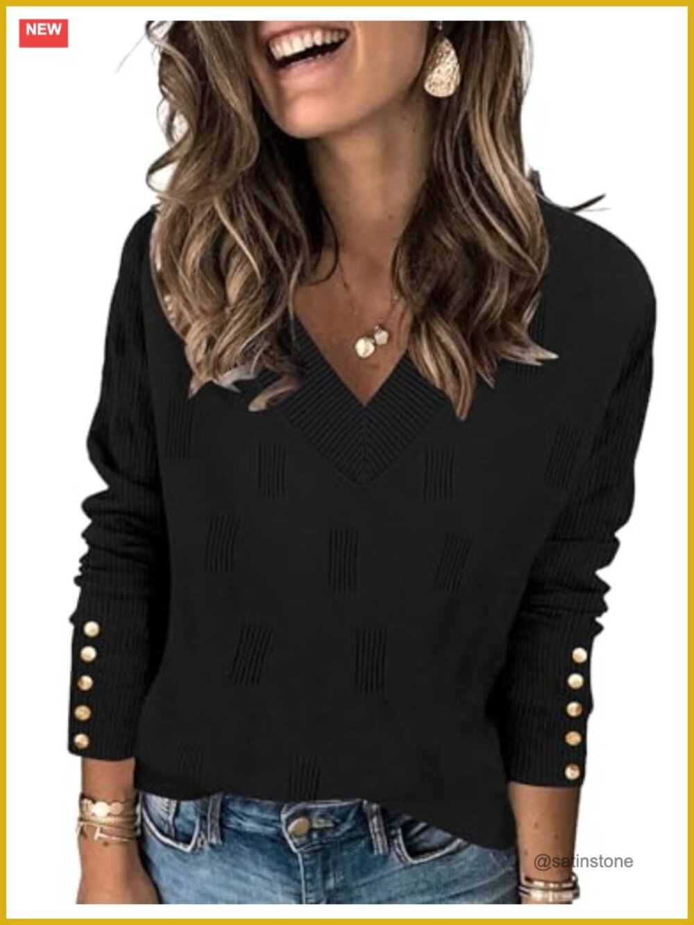 V Neck Lightweight Knit Pullover Sweater Long Sleeve with Decorative Buttons